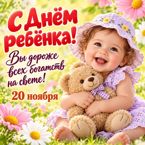 Открытка «С Днём ребёнка, малышка в панамке с плюшевым медведем»