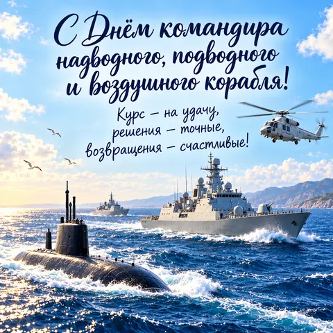 Открытка «С Днём командира корабля, корабли подводная лодка и вертолёт над морем» — День командира надводного, подводного и воздушного корабля