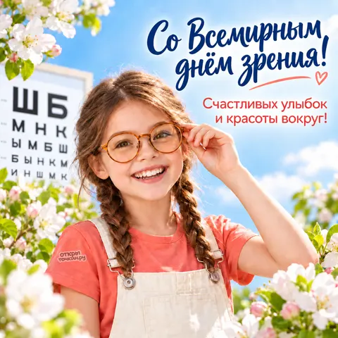 Открытка «Со Всемирным днём зрения, девочка в круглых очках и белые цветы»