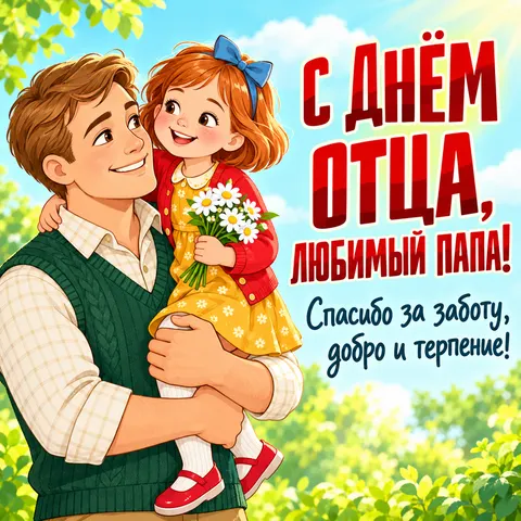 Открытка «С днём отца, папа с дочкой и букетом ромашек»
