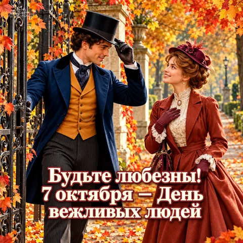 Открытка «День вежливых людей, джентльмен приветствует даму в осеннем парке»