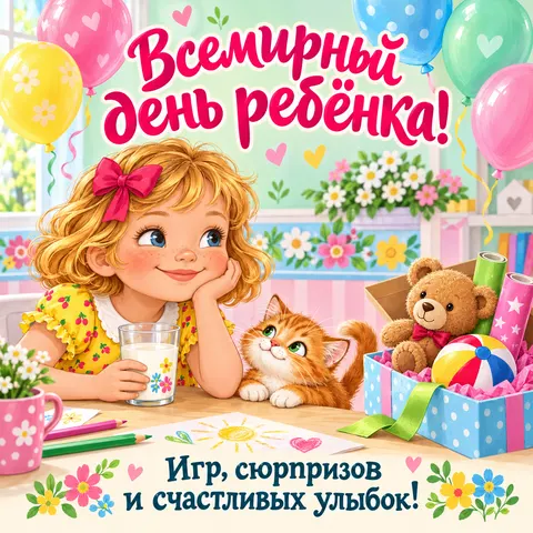 Открытка «Всемирный день ребёнка, девочка котёнок и коробка игрушек»