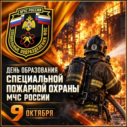 Открытка «День специальной пожарной охраны МЧС России, щит и огонь»
