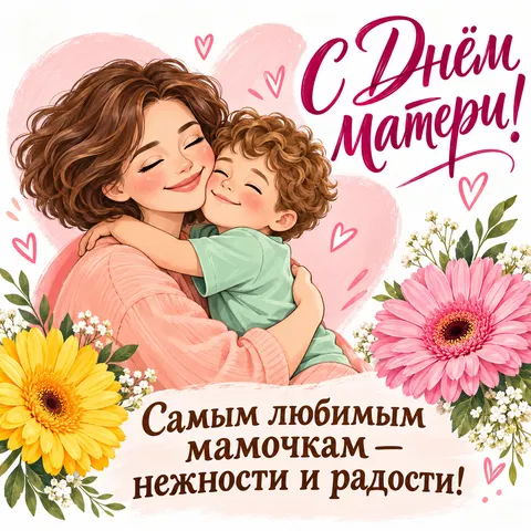 Открытка «С Днём матери, мама обнимает сына»