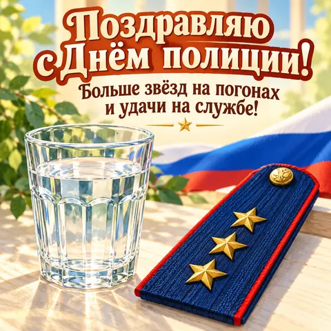 Открытка «Поздравляю с Днём полиции, погон с тремя звёздами и стакан» — День сотрудника органов внутренних дел