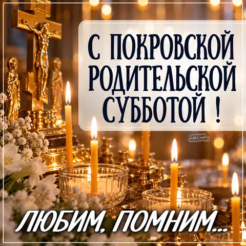 Открытка «Покровская родительская суббота, золотое распятие и поминальные свечи»