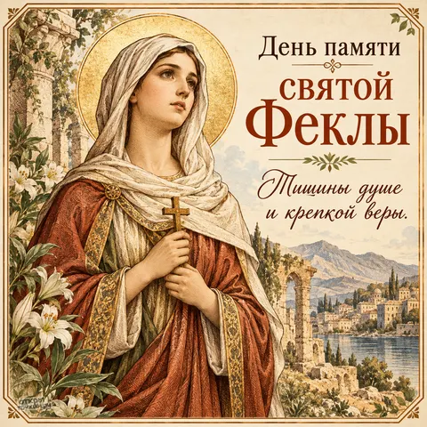 Открытка «День памяти святой Феклы, гравюра с пожеланием крепкой веры» — Равноапостольная Фекла Иконийская
