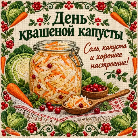 Открытка «День квашеной капусты, банка и ягоды в вышитой раме»