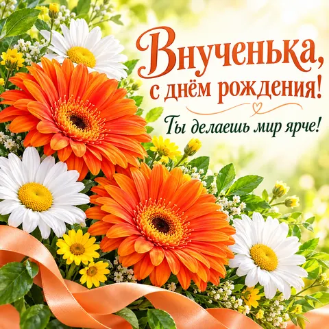 Открытка «День рождения» — Солнечные герберы для любимой внучки