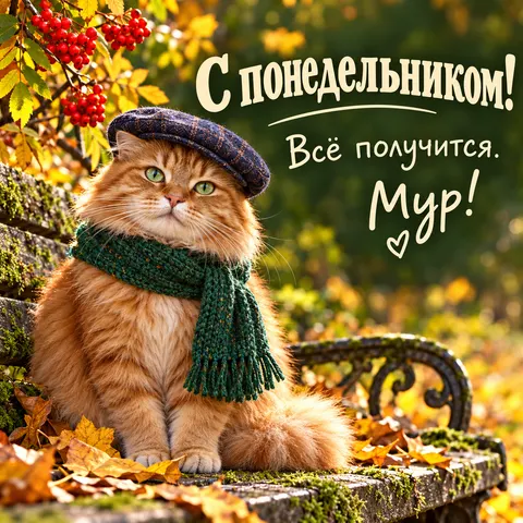 Открытка «Доброе утро» — Уютный понедельник с рыжим котом
