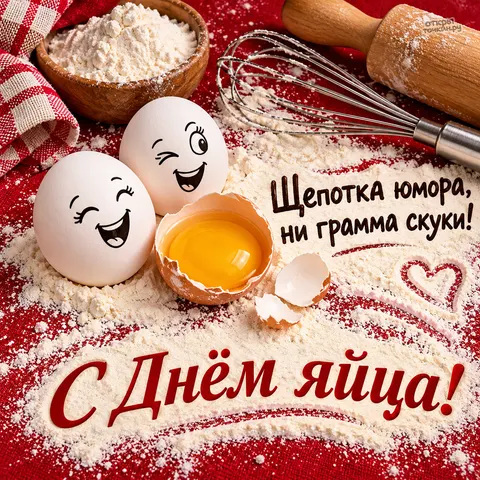 Открытка «Со Всемирным днём яйца, весёлые яйца с мукой и венчиком»