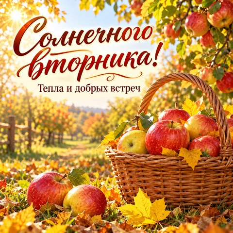 Открытка «Солнечного вторника, корзина яблок в осеннем саду» — Доброе утро