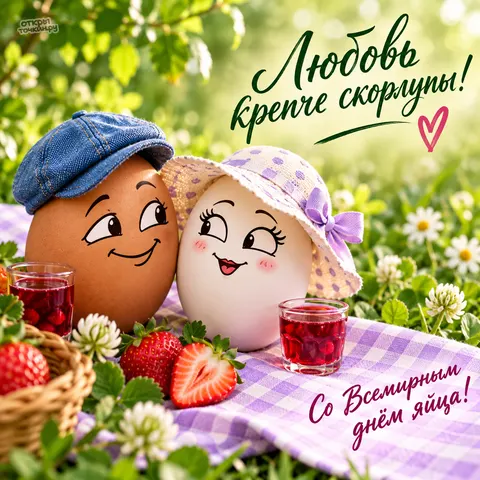 Открытка «Со Всемирным днём яйца, влюблённые яйца на пикнике»