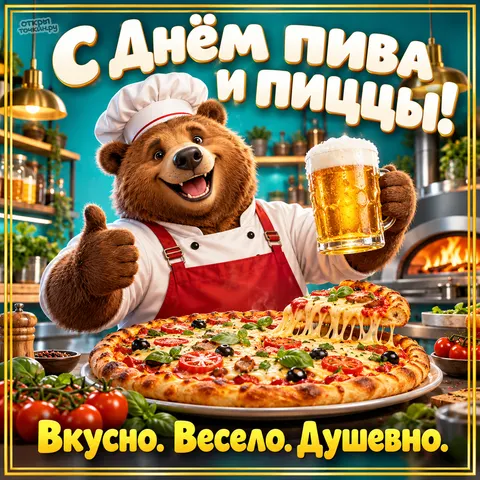 Открытка «С Днём пива и пиццы, весёлый медведь-повар»