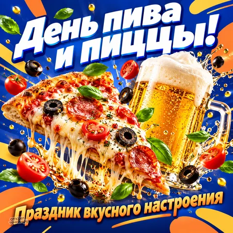 Открытка «Международный день пива и пиццы, яркий праздник вкуса»