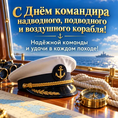 Открытка «С Днём командира корабля, белая фуражка компас и морской пейзаж» — День командира надводного, подводного и воздушного корабля