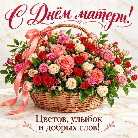 Открытка «С Днём матери, плетёная корзина с разноцветными розами»
