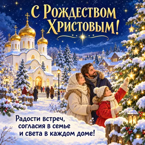Открытка «С Рождеством Христовым, праздничная ёлка и люди у зимнего храма»