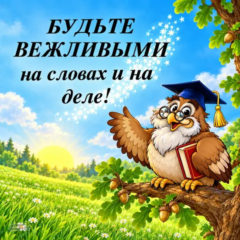 Открытка «День вежливых людей, мудрая сова с книгой на ветке»