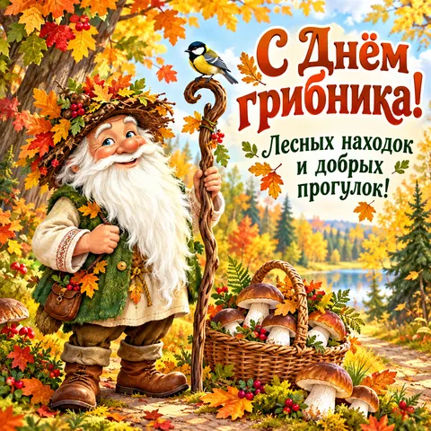 Открытка Всемирный день грибника с днем грибника поздравляет страж леса