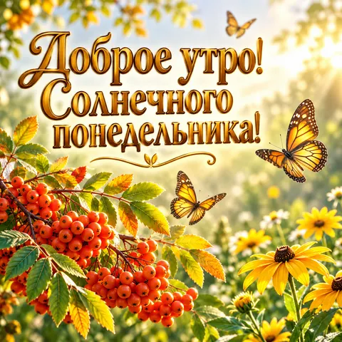 Открытка «Доброе утро» — Солнечное утро среди рябины и бабочек