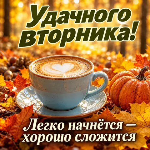 Открытка «Удачного вторника, капучино и тыква в осеннем лесу» — Доброе утро