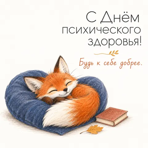 Открытка «Всемирный день психического здоровья» — С Днём психического здоровья, лисёнок отдыхает на подушке