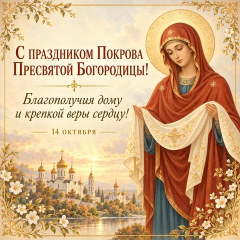 Открытка «Покров Богородицы и золотые храмы» — Покров Пресвятой Богородицы