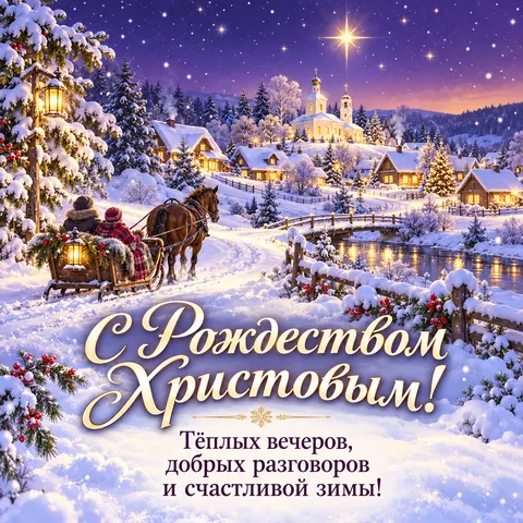 Открытка «С Рождеством Христовым, снежная деревня и сани под рождественской звездой»