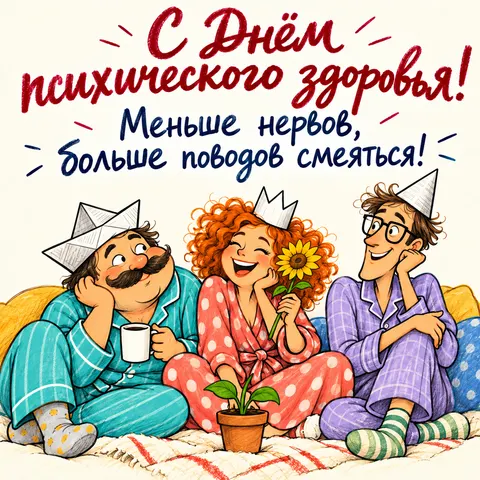 Открытка «Всемирный день психического здоровья» — С Днём психического здоровья, весёлая компания в бумажных шляпах
