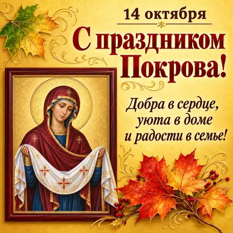 Открытка «Икона Покрова и кленовые листья» — Покров Пресвятой Богородицы