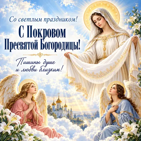 Открытка «Покров Богородицы над ангелами и облаками» — Покров Пресвятой Богородицы