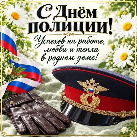Открытка «С Днём полиции, фуражка перчатки и ромашки» — День сотрудника органов внутренних дел