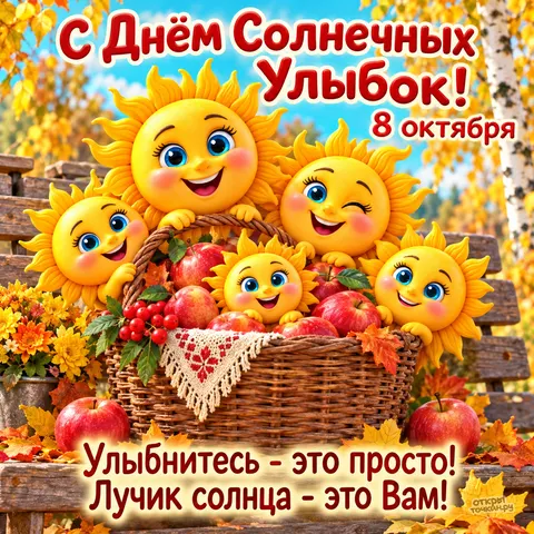 Открытка «С днём солнечных улыбок, корзина яблок и семейка солнышек»