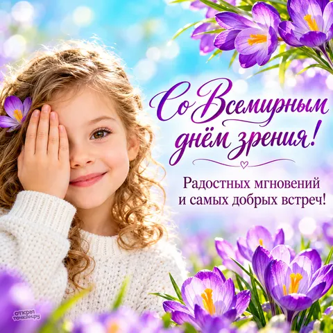 Открытка «Со Всемирным днём зрения, девочка прикрывает глаз и фиолетовые крокусы»