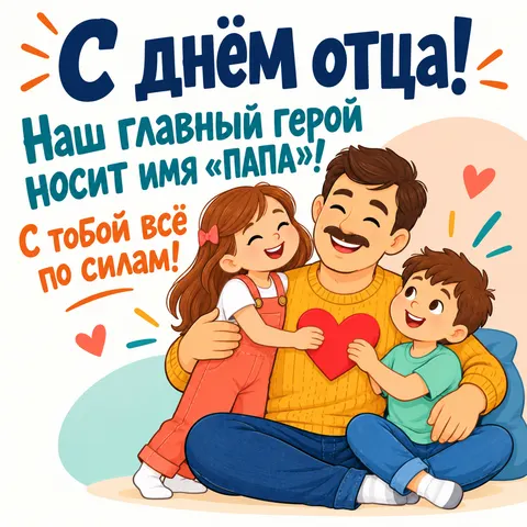 Открытка «С днём отца, папа с сыном и дочкой дарят сердечко»