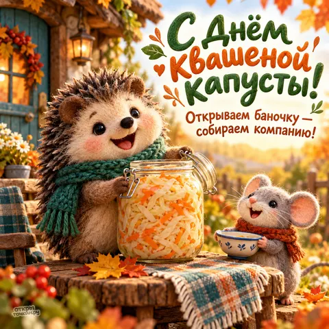 Открытка «День квашеной капусты, войлочный ёжик и мышка за столом»