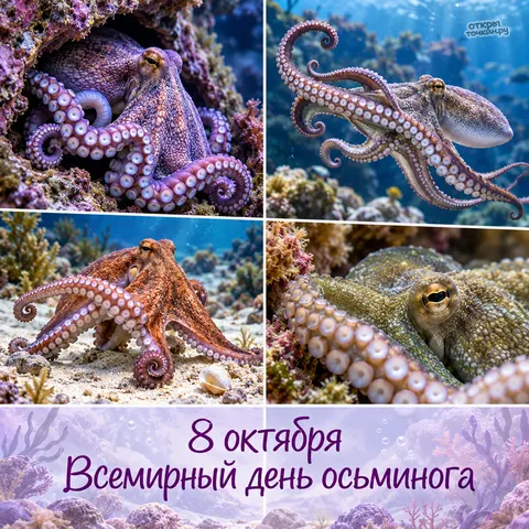 Открытка «Всемирный день осьминога, фотоколлаж четырёх подводных осьминогов»