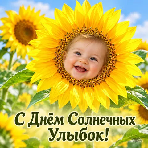 Открытка «С днём солнечных улыбок, малыш в подсолнухе»