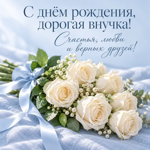 Открытка «День рождения» — Нежные белые розы на голубом льне