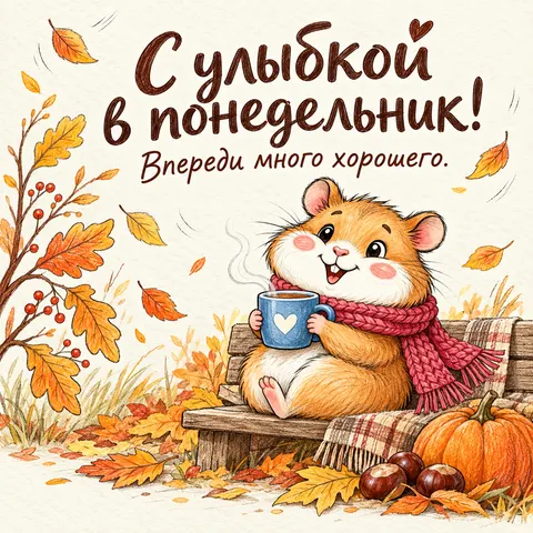 Открытка «Доброе утро» — Уютный осенний понедельник с хомяком