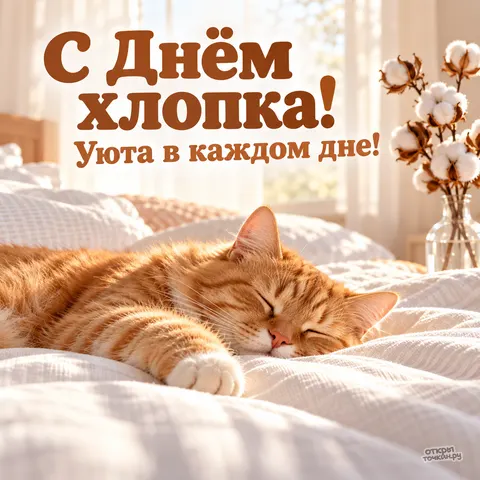 Открытка «С Днём хлопка, кот на белой постели»