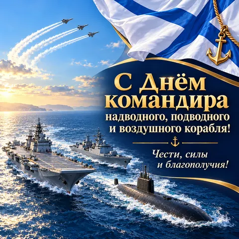 Открытка «С Днём командира корабля, морская эскадра флаг и самолёты» — День командира надводного, подводного и воздушного корабля