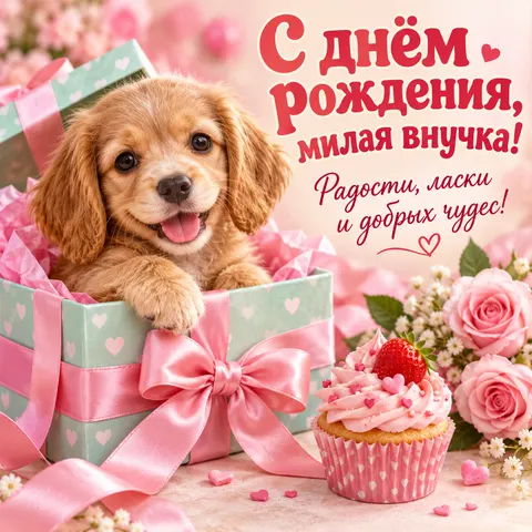 Открытка «День рождения» — Праздничный щенок для любимой внучки