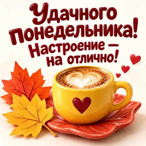 Открытка «Доброе утро» — Осенний понедельник с кофе и сердцами