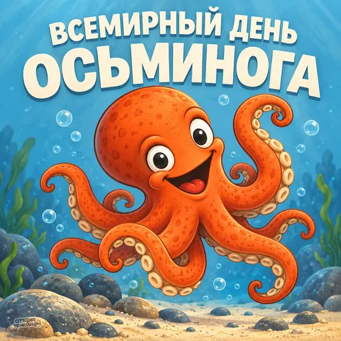 Открытка «Всемирный день осьминога, улыбчивый оранжевый осьминог на голубом фоне»