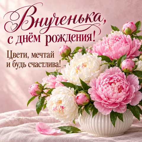 Открытка «День рождения» — Нежные пионы для любимой внучки