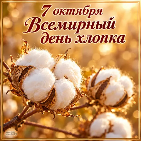 Открытка «7 октября, хлопковая ветка в золотом свете»