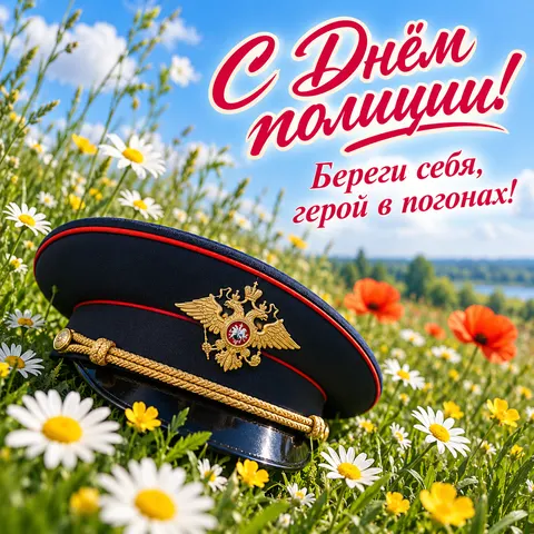 Открытка «С Днём полиции, фуражка в поле ромашек» — День сотрудника органов внутренних дел