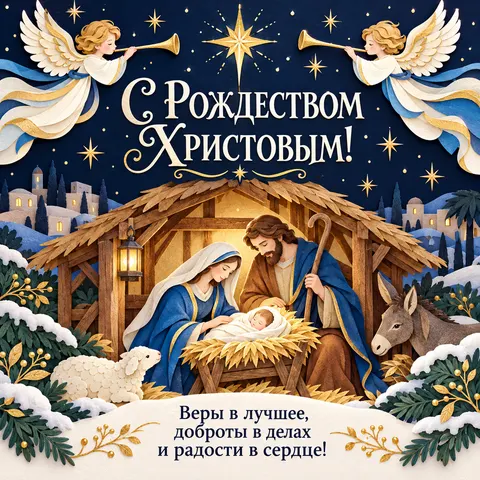 Открытка «С Рождеством Христовым, рождественский вертеп и ангелы с трубами»